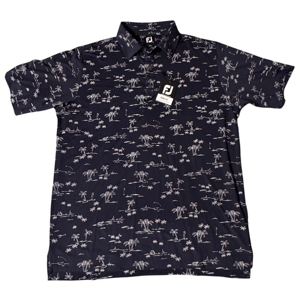 FootJoy Other - FootJoy Tropic Isle Golf Polo Shirt Navy Blue Palm Tree Print Mens Lrg NWT Logo